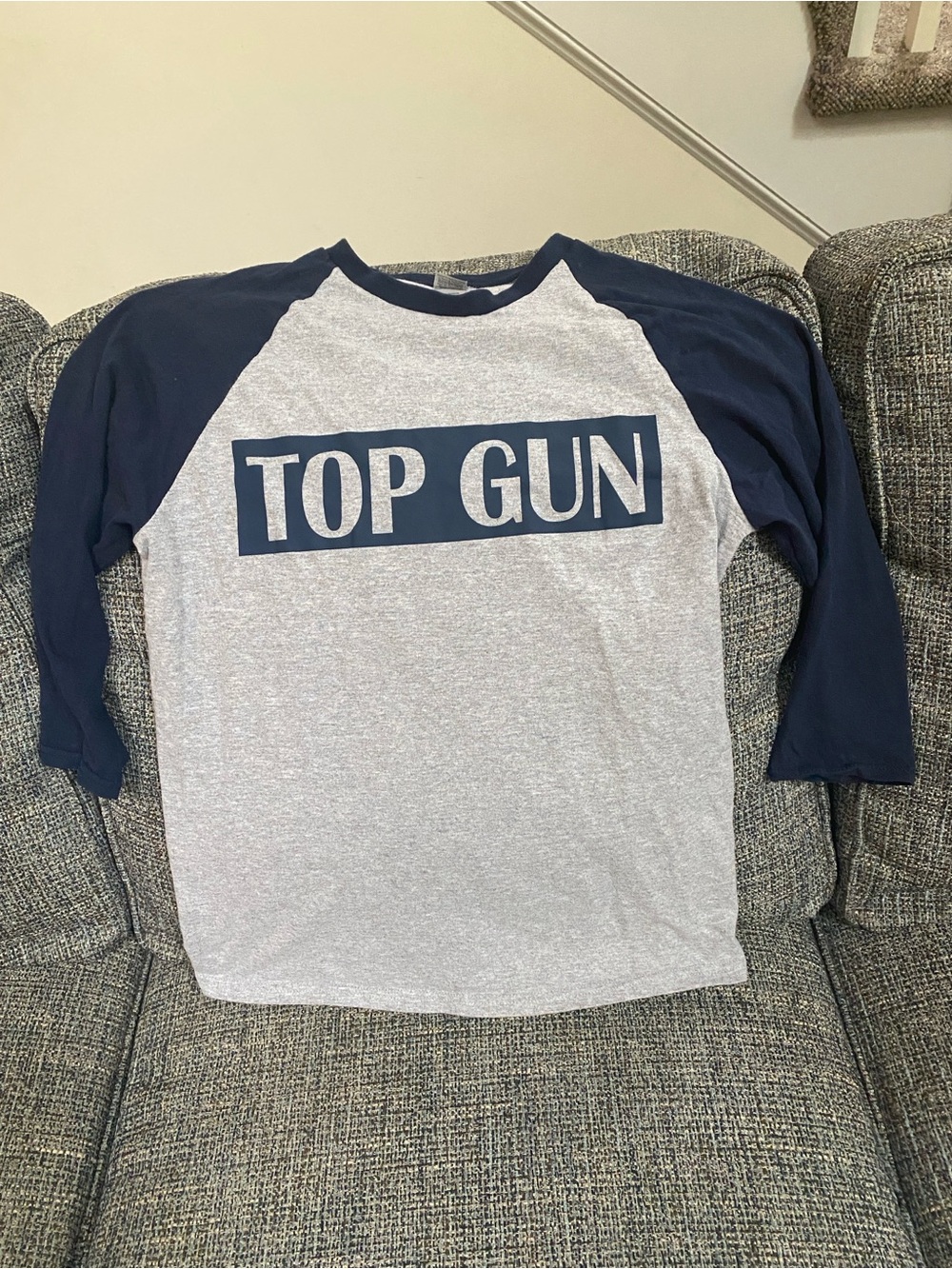 3/$22 - Gray & Navy Top Gun 3/4 Sleeve T-Shirt - Gildan Heavy Cotton, Size S